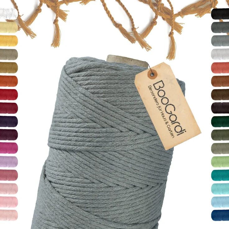 BooGardi Makramee Garn Bastelgarn, (3mm x 200m 100% Baumwolle), Grau reißfest und fusselfrei – Bild 1