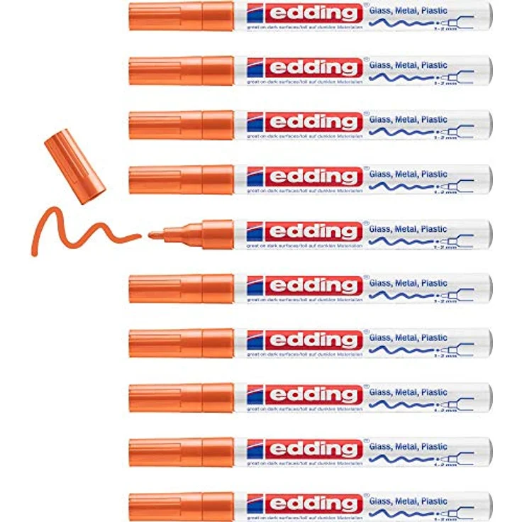 edding 751 Glanzlackmarker, orange, 10 wasserfeste Lackmarker mit Rundspitze 1-2 mm für Glas, Holz, Kunststoff und Papier – Bild 1
