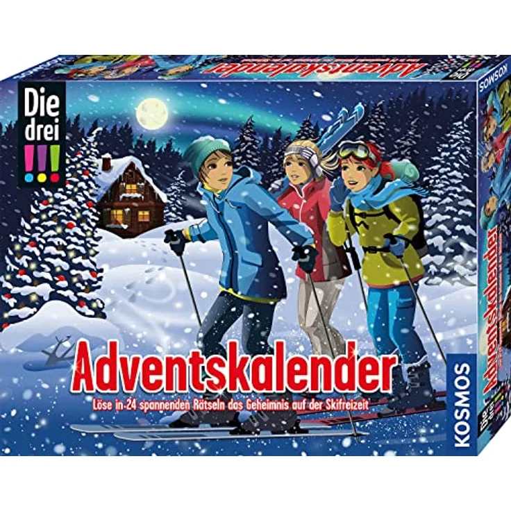 Kosmos 632502 Die DREI !!! Adventskalender 2023, Löse das Rätsel um das Geheimnis auf der Ski-Freizeit, mit 24 Detektiv-Gimmicks, Spielzeug-Adventskalender für Kinder ab 8 Jahre