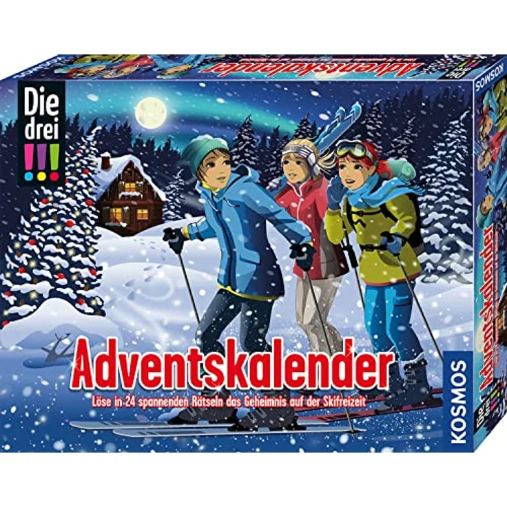 Kosmos 632502 Die DREI !!! Adventskalender 2023, Löse das Rätsel um das Geheimnis auf der Ski-Freizeit, mit 24 Detektiv-Gimmicks, Spielzeug-Adventskalender für Kinder ab 8 Jahre – Bild 1