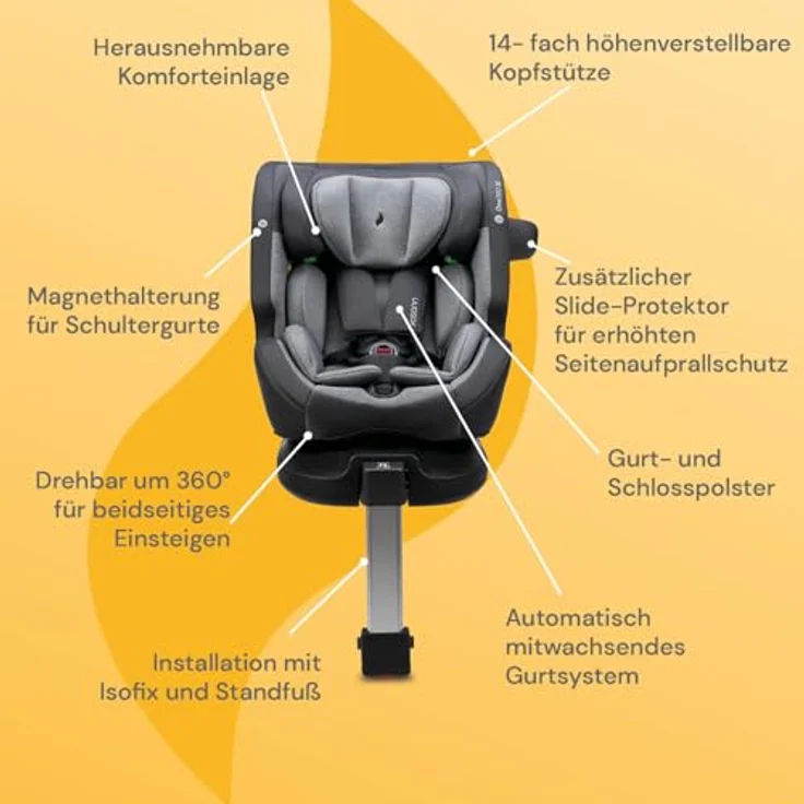 Osann Reboarder-Kindersitz One 360 SL i-Size, drehbar ab Geburt bis 12 Jahre (40-150 cm), inkl. Isofix-Basis mit Stützfuß, Universe Grey – Bild 2