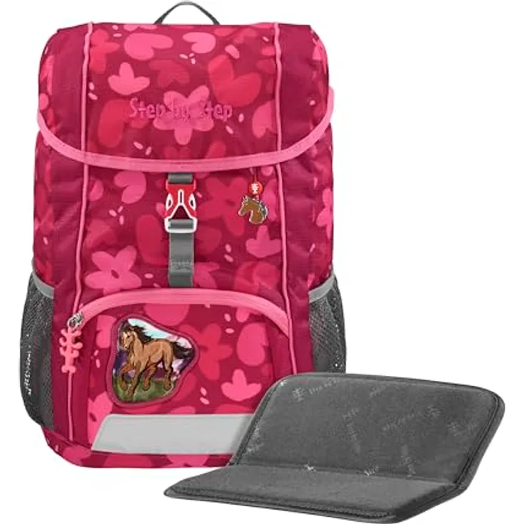 Step by Step Rucksack-Set Kid „Wild Horse Nora“, ergonomischer Mini-Ranzen in rosa-rot mit Sitzkissen und höhenverstellbarem Brustgurt, für Kindergarten und Freizeit, 13 l