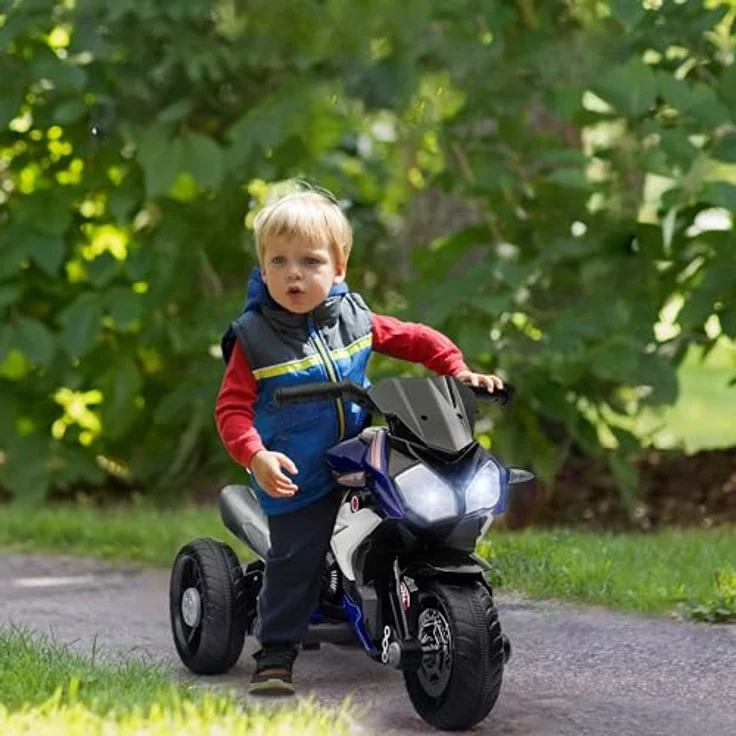 HOMCOM Elektro Kindermotorrad, Elektromotorrad mit Musik und Scheinwerfer, 3 km/h, für Kinder 3-5 Jahre, max. 25 kg, Blau+Weiß – Bild 2