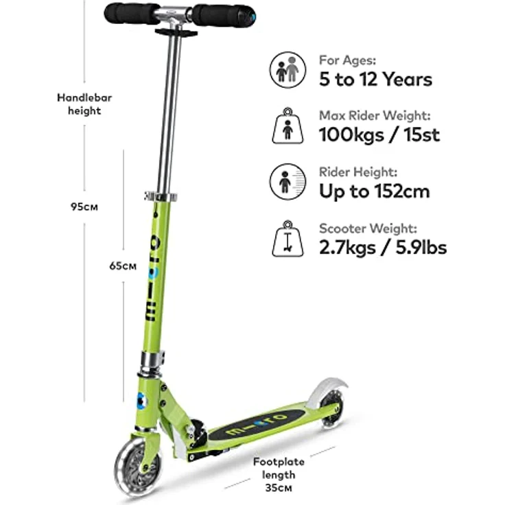 MICRO micro Sprite LED Kinder Kinderscooter | Cityroller mit LED-Rollen | klappbar und höhenverstellbarer Lenker | ab 5 J. | Tretroller Chartreuse – Bild 2