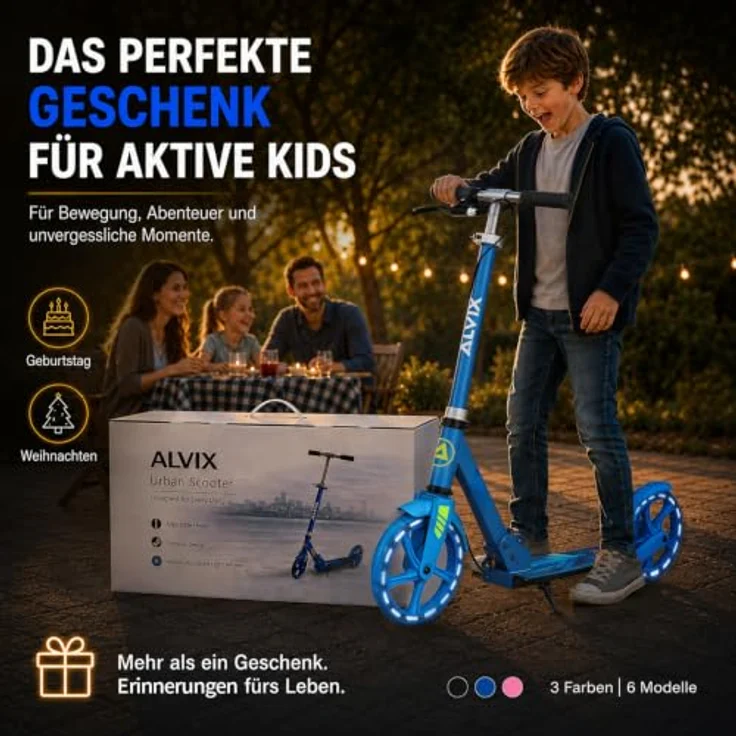 ALVIX Kinder-Scooter mit Handbremse, 200mm LED-Leuchträder, höhenverstellbar, faltbar, Tragetasche, bis 100 kg – Bild 8