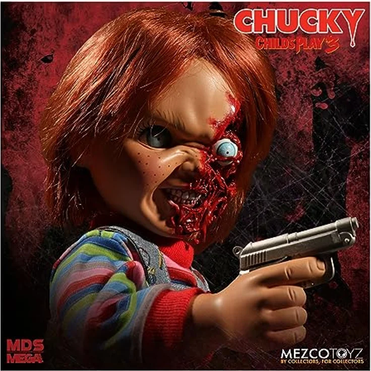 Mezco Child's Play 3: Chucky Talking Doll Pizza Face Version, 38 cm große Sammelfigur mit 7 gruseligen Sprüchen und authentischem Outfit – Bild 2