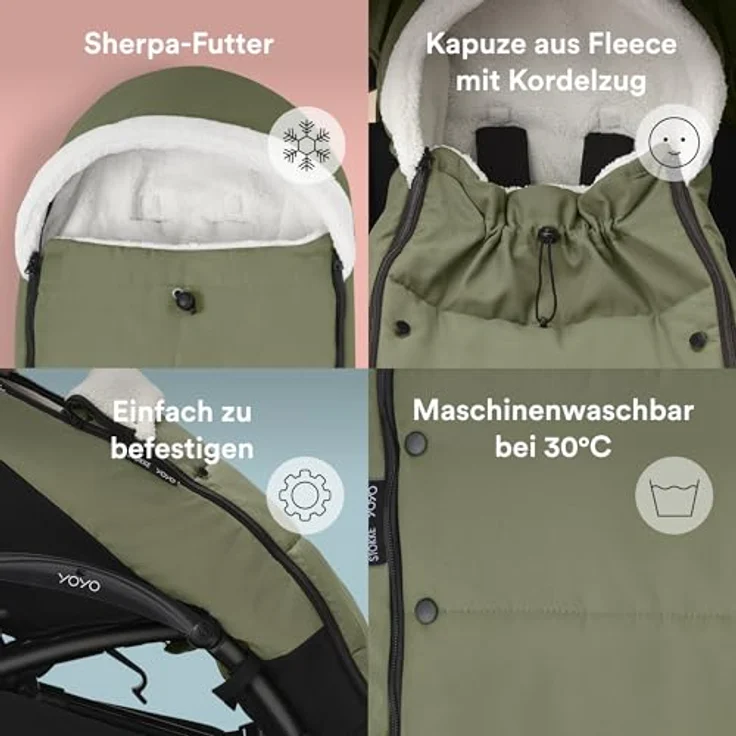 Stokke YOYO Fußsack, Olive - Sherpa-Futter, Fleece-Kapuze mit Kordelzug, doppelte Wattierung - Maschinenwaschbar bei 30°C - Inklusive kleiner Tasche – Bild 3