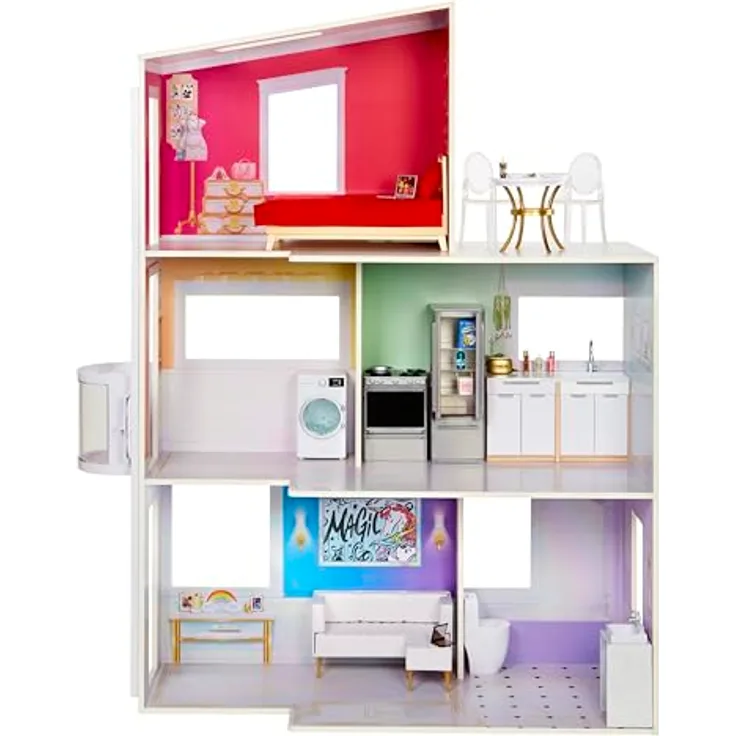 Rainbow High Townhouse - 3-Stöckiges Holzpuppenhaus mit 5 Bunten Zimmern & Terrasse - Komplett Eingerichtetes Haus mit Funktionierendem Lift und Zubehör - Spielzeug für Kinder von 4 bis 12+ Jahren