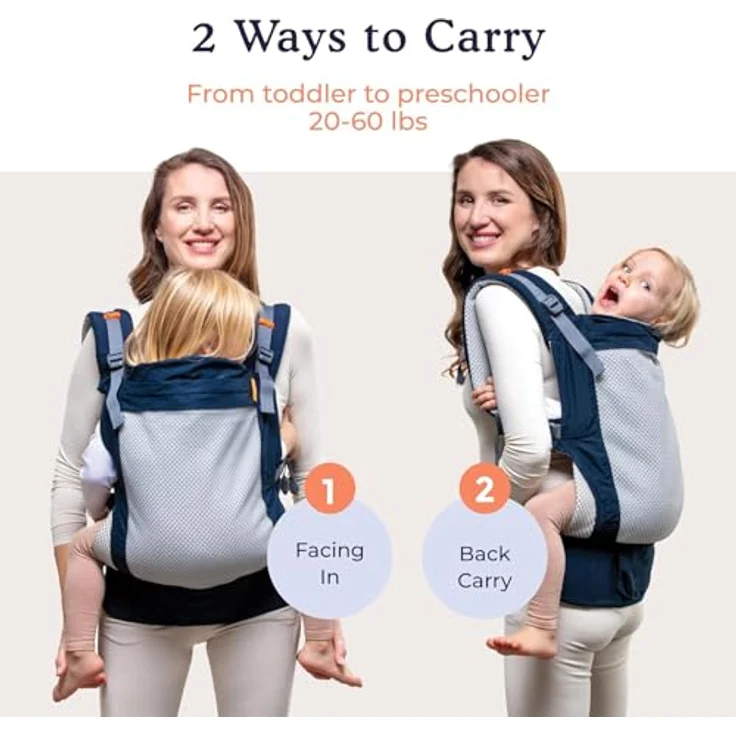 Beco Kindertrage mit extra breitem Sitz - Kindertragerucksack aus 100% Polyester 3D Mesh - 3 Tragepositionen - Kindertrage Bauch/Kindertrage Rücken - Kindertrage Wandern - 9-27kg ((Marineblau) – Bild 3
