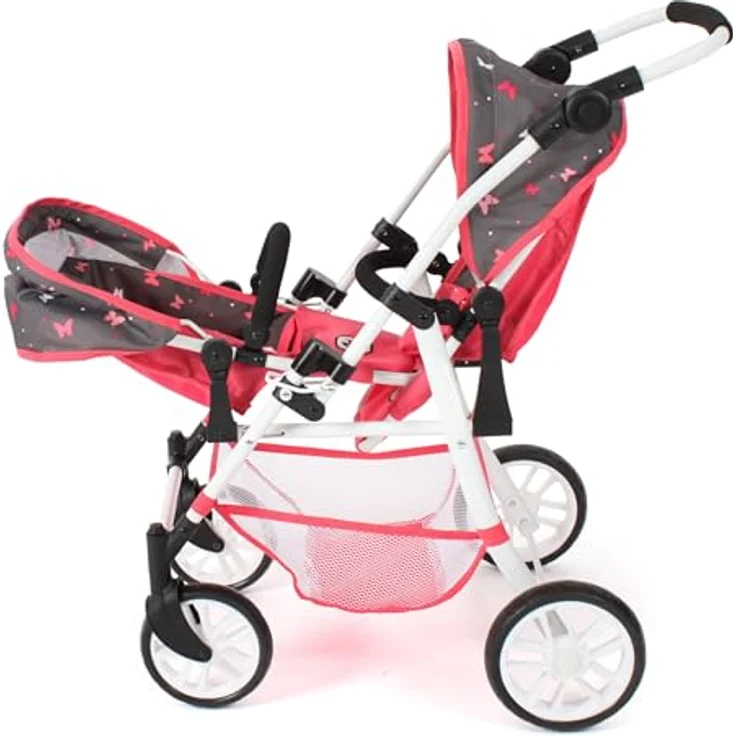 Bayer Chic 2000 - Puppenwagen Twinny, Zwillingspuppenwagen für Zwei Puppen, Zwillingsbuggy für Kinder von 4 bis 8 Jahren, Butterfly, Koralle - Preisvergleich – Bild 3