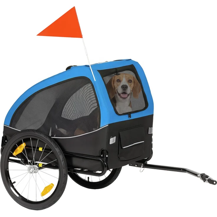 MH Handel GmbH Faltbarer Hundeanhänger für Fahrräder, mit Reflektoren, Mesh-Fenster, Tür und Sicherheitsflagge, für Hunde bis 20 kg, 138x70x89 cm, Blau