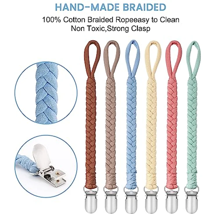 CLDY Schnullerkette Baby, 6 Stücke Unisex Schnuller Halter Leinen Set aus Baumwolle für Jungen und Mädchen, Passend für alle Schnuller, Hygienisch und Praktisch – Bild 2