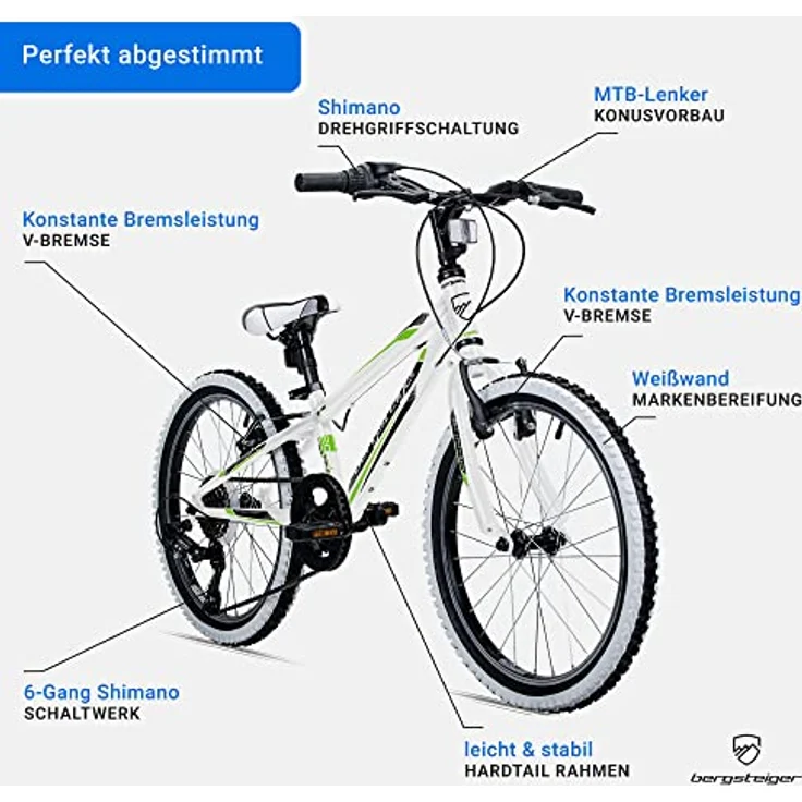 Bergsteiger Kansas 20, 24 Zoll Kinderfahrrad, geeignet für 6, 7, 8, 9, 10, 11 Jahre, Shimano 6 Gang-Schaltung, Mountainbike mit Weißwandbereifung, Jungen-Fahrrad, Mädchen-Fahrrad - Preisvergleich – Bild 5