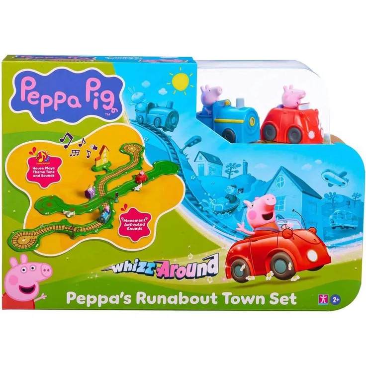 Gear2play Peppa Whizz Around Peppa's Runabout Stadt-Set, inkl. Peppas rotem Auto und Georges blauer Lok, modulares Streckensystem mit interaktiven Klängen, für Kinder ab 2 Jahren