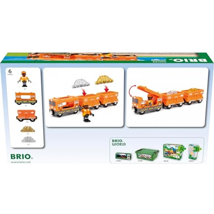BRIO® Spielzeug-Eisenbahn BRIO® WORLD Güterzug Set, 6-tlg. mit leuchtend orangefarbener Lokomotive, FSC®-zertifiziert, inklusive Figur und Gold-/Silber-Ladungen – Bild 3
