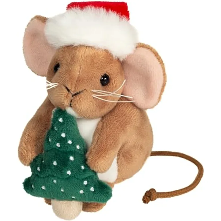 Teddy Hermann® Weihnachtsmaus Kuscheltier mit Tannenbaum, 11 cm, flauschige Mütze und große rosa Öhrchen