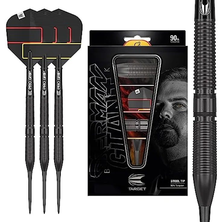 Target Darts Gabriel Clemens Black Edition Steel Tip Darts, 90% Tungsten, 23G mit Pro Grip Schäften und Pro Ultra Flights, Schwarz