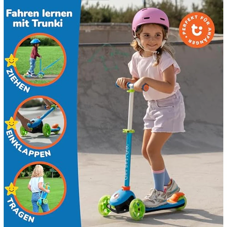 Trunki Faltroller, klappbarer 3-Rad-Scooter für Kinder von 2-6 Jahren, blau, höhenverstellbarer Lenker, leichte Aluminiumkonstruktion, hohe Stabilität – Bild 2