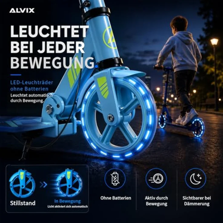 ALVIX Kinder-Scooter mit Handbremse, 200mm LED-Leuchträder, höhenverstellbar, faltbar, Tragetasche, bis 100 kg – Bild 7