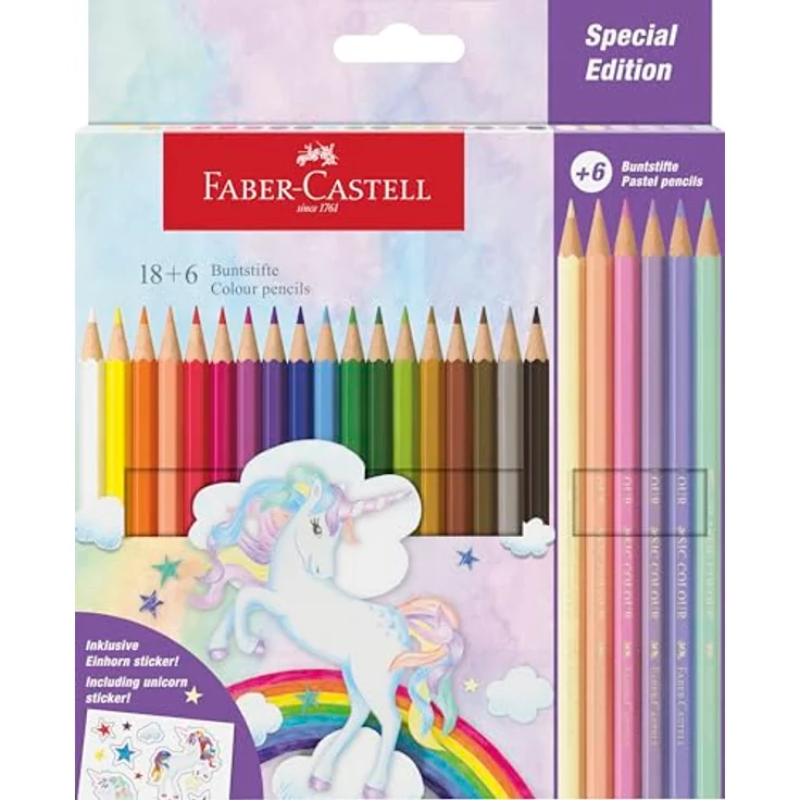 FABER-CASTELL 111221 Buntstifte Set Einhorn, 24 Malstifte in kräftigen Farben, inkl. Pastellfarben, sechseckige Form, bruchgeschützte Minen, praktisches Etui – Bild 1