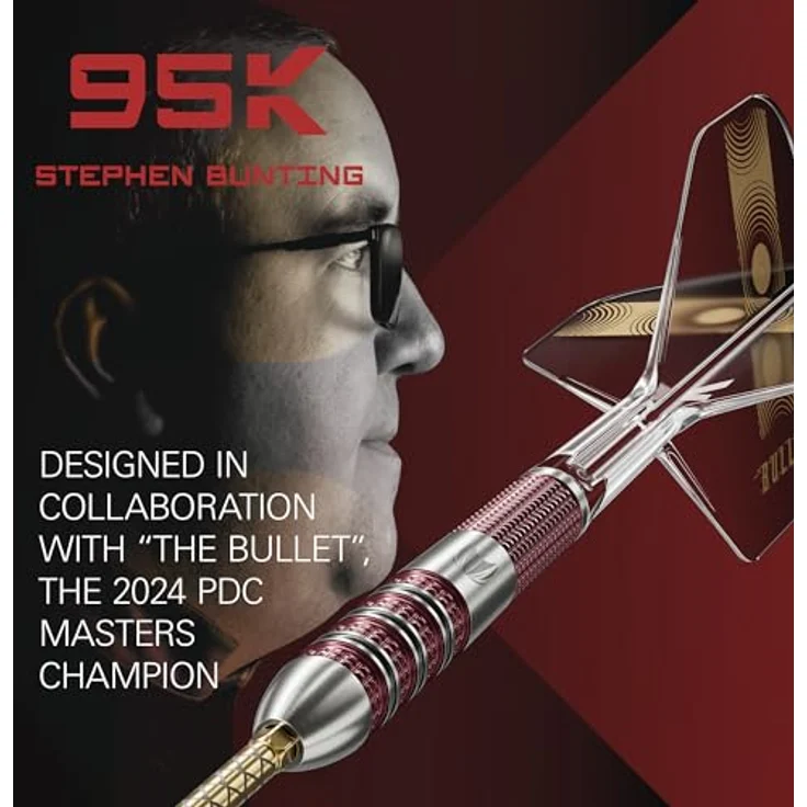 Target Darts Stephen Bunting 95K Dart-Set, 95% Wolfram, 18 g, Swiss Point-Steelpoints und K-Flex-Flights, Goldfarbene DX-Ersatzpoints – Bild 2