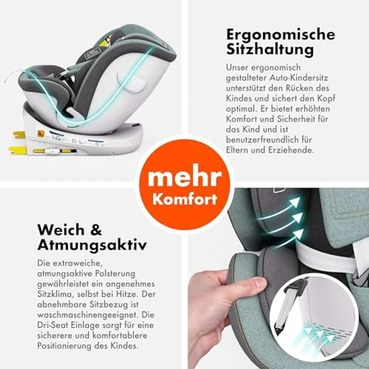 Daliya® Autokindersitz ROTAZIONE Kindersitz, Autositz, Babyschale Grün, 360°-Rotation, höhenverstellbare Kopfstütze, ab Geburt bis 12 Jahre, 8-stufige Sitzneigungsverstellung – Bild 5