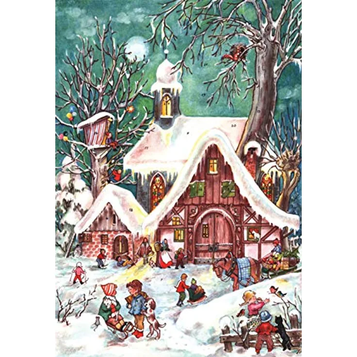 Richard Sellmer Verlag Nostalgischer Adventskalender "Winterliches Treiben" mit Glitzer und Bildern, A4 Format