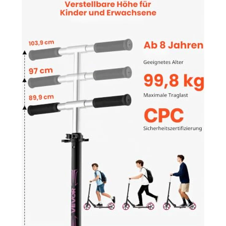 VEVOR Scooter für Kinder ab 8 Jahren, pink, höhenverstellbarer Lenker, rutschfestes Deck, leicht und faltbar, Belastbarkeit bis 100 kg, 8-Zoll-Stoßdämpferräder – Bild 2