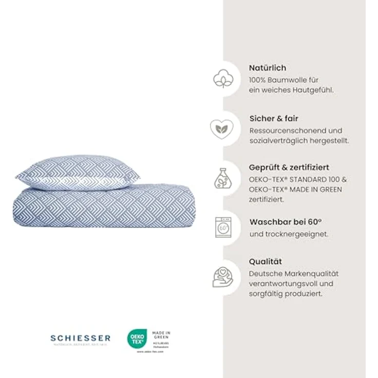 Schiesser Bettwäscheset Mabel | 2-teilig | Grafikprint | Renforcé | 100% Baumwolle | Oeko-Tex Zertifiziert | Reißverschluss | 155x220cm + 80x80cm | Hellblau – Bild 2