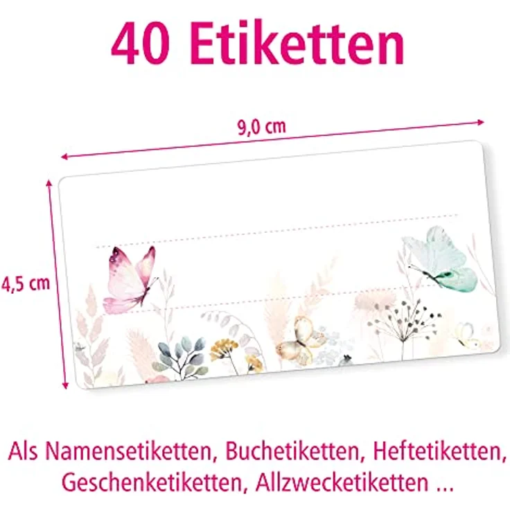 itenga 40x Buchetiketten Heftetiketten 9x4,5cm, selbstklebende Namensschild Aufkleber aus Haftpapier, Schmetterling – Bild 2