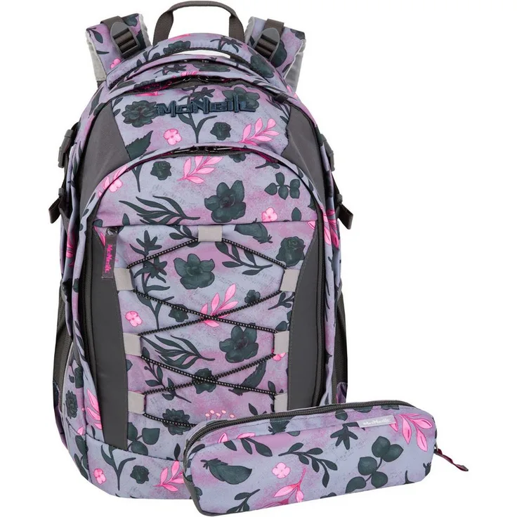 McNeill Schulranzen LUCA Bloom 2-teilig, ergonomisch mit ClickFlex Höhenverstellung, reflektierenden Elementen, inkl. Mäppchen, 30l