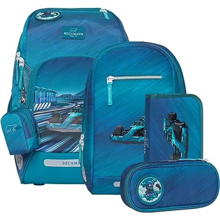 Beckmann Active Air FLX Space Mission, Schulrucksack-Set in Blau mit Sportrucksack, Federmappe, Schlamperetui, Regenhülle und Buttons, ergonomisch – Bild 1