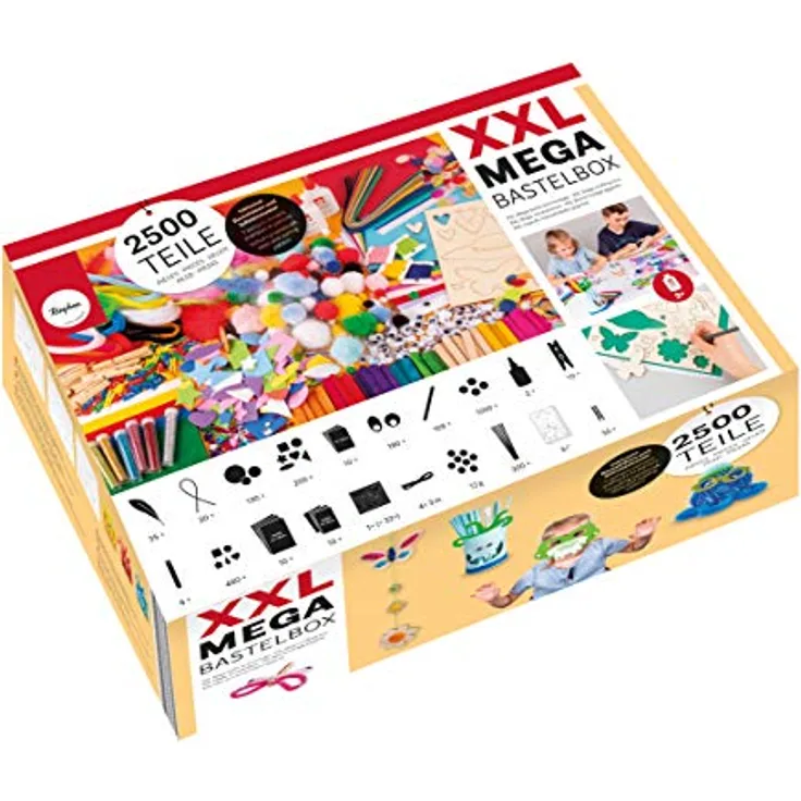 Rayher XXL-Mega-Bastelbox, 2.500 Teile, Bastelset Kinder, Kreativset, Chenilledraht, Pompons, Federn, Wackelaugen, Pailletten, Bastelkleber und vieles mehr, basteln Kindergeburtstag, 69251000