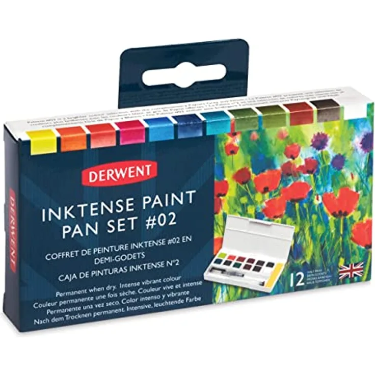 Derwent Inktense 12 Farbtöpfchen #2, wasserlöslich, 12er Set (halbe Töpfchengröße), professionelle Künstlerfarben für Papier und Stoff, Reisegröße