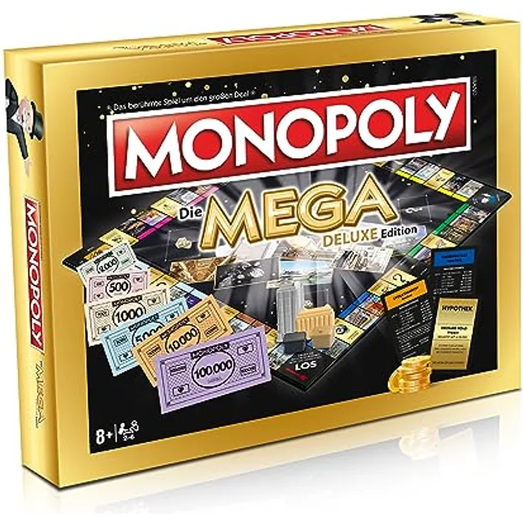 Winning Moves Monopoly - Mega Deluxe Edition Luxus Brettspiel mit 12 zusätzlichen Spielfeldern, 250.000 M Startkapital, Silbernen Wolkenkratzern und Tempowürfel, für 2-6 Spieler, deutsch