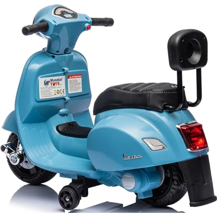 Sun Baby Vespa Elektro Motorrad für Kinder ab 18 Monaten, Blau mit Rückenlehne, Hupe, Gaspedal, Beleuchtung, Seitenrädern – Bild 4