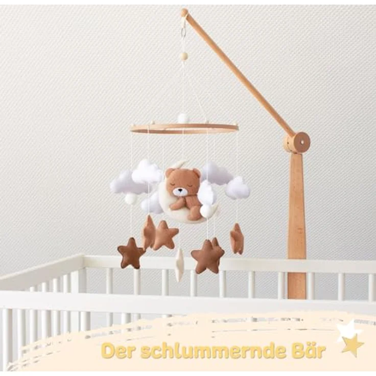 Babykajo Baby Mobile Schlummernder Bär, Holzring mit handgenähten Tierfiguren, perfekt für Babybetten und Kinderzimmer Deko – Bild 3