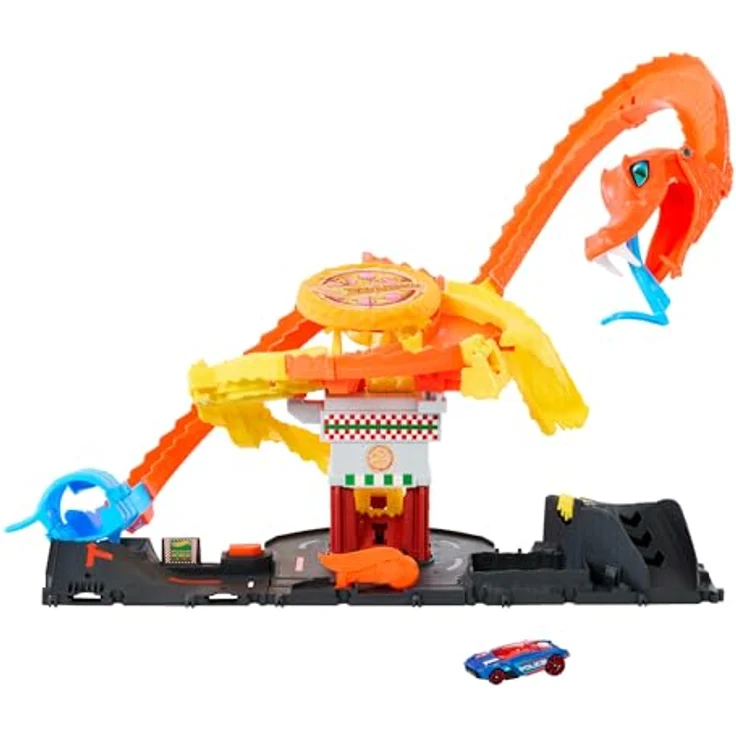 Hot Wheels Autorennbahn City Cobra Slam Pizza Attack, inkl. 1 Spielzeugauto mit spannenden Streckendetails und interaktivem Kobra-Element – Bild 1