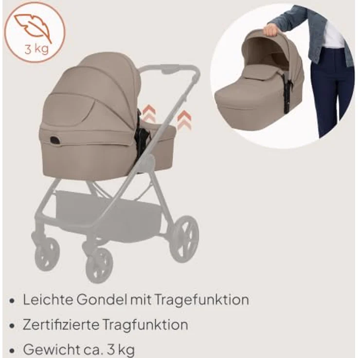 Lionelo Greet 3in1 Kombikinderwagen mit Babywanne, Sportsitz und Babyschale, leicht, federung, UPF50+, wendbar - Beige – Bild 5
