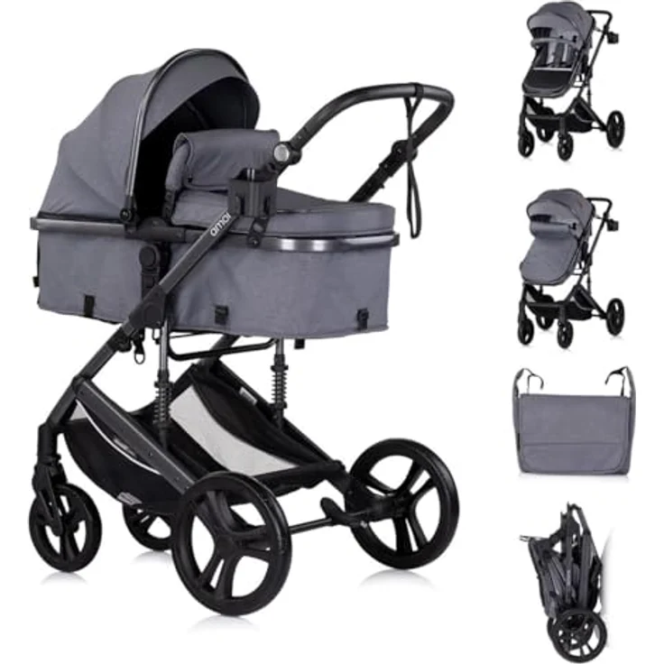 Chipolino Kinderwagen 2 in 1 Amore Getränkehalter Wickeltasche Fußabdeckung Korb, grau gemustert – Bild 1