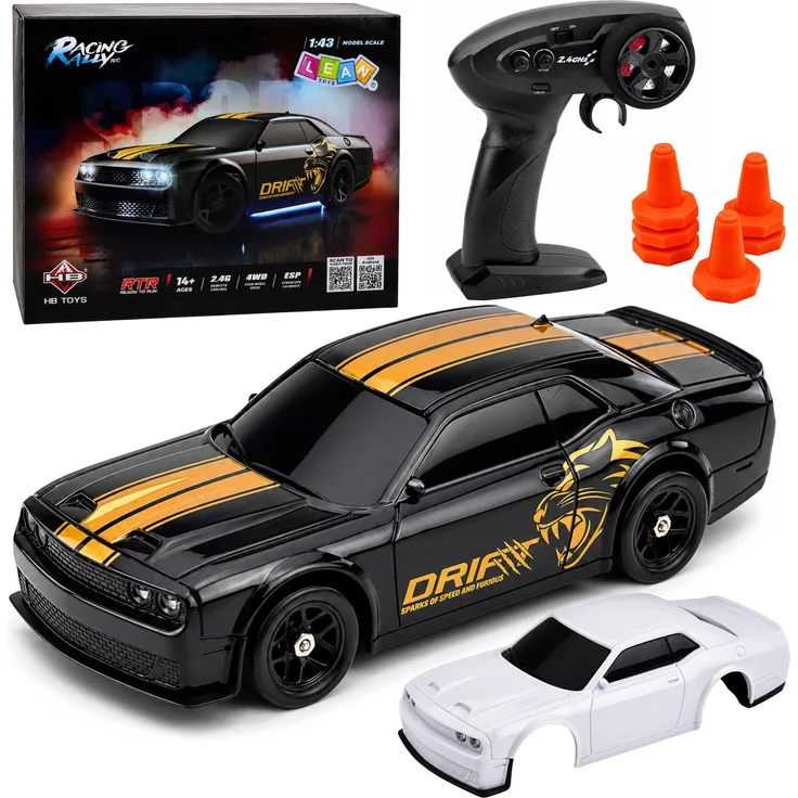 Wisam RC Drift Sportwagen, 1:43 Maßstab mit 4WD Allradantrieb, austauschbaren schwarzen und weißen Karosserien
