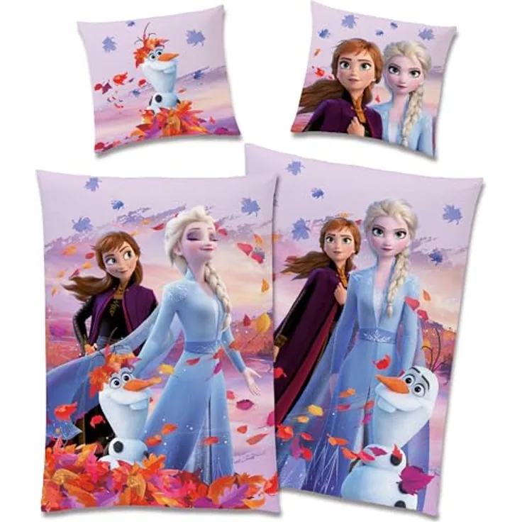 BERONAGE Frozen Die Eiskönigin Kinder-Bettwäsche Dreamteam 135 x 200 + 80 x 80 cm 100% Baumwolle Biber-Flanell-Qualität Disney ELSA Anna Snowman Sven Kristoff Olaf mit Reißverschluss Deutsche Größe