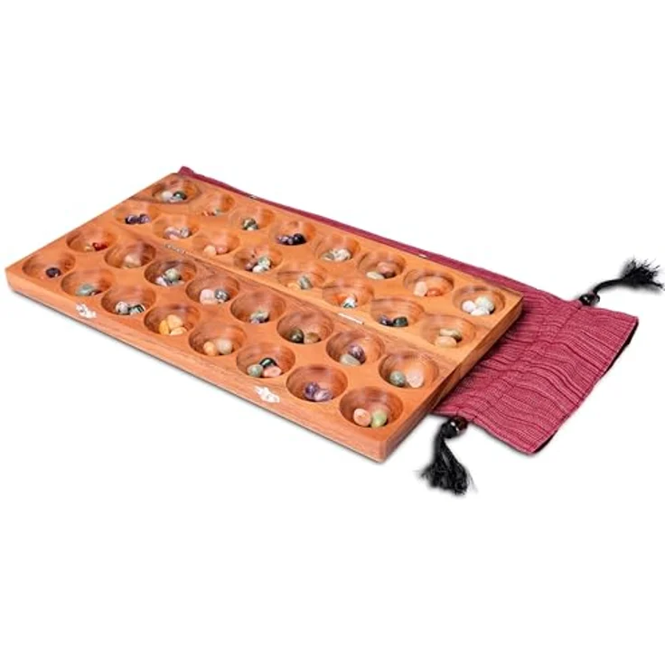 LOGOPLAY Hus Spiel Bao Kalaha für 2 Spieler, klassisches Strategiespiel aus Holz mit silbernem Metallverschluss und bunten Edelsteinen – Bild 5