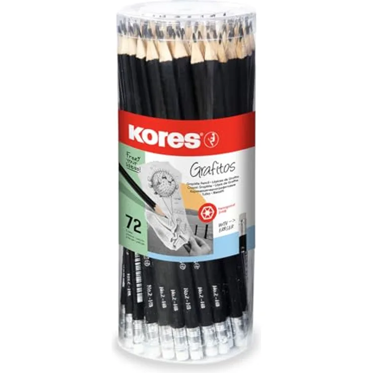 Kores Grafitos Bleistifte HB, Weiche Mine, Radiergummi, 72 Stück, Schwarz - Schul- und Büromaterial zum Schreiben