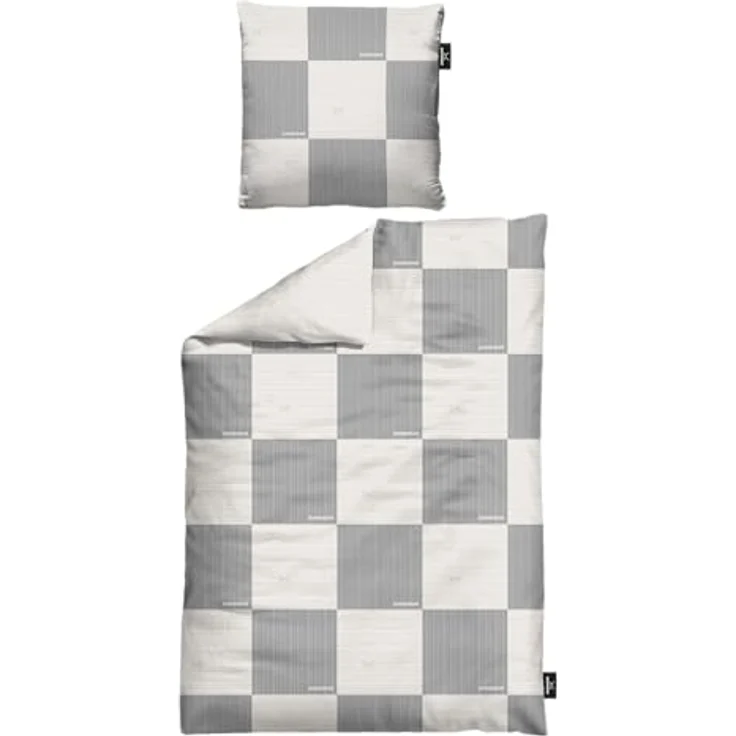 Sansibar Wende-Bettwäsche “Chessboard”, Satin-Bettwäsche 135x200 cm, 100% Baumwolle, atmungsaktiv & hautfreundlich, grau/taupe, mit verdecktem Reißverschluss, pflegeleicht & strapazierfähig