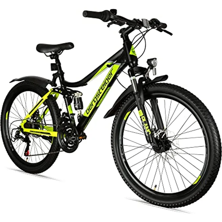 Bergsteiger Broome 24, 26 Zoll Kinderfahrrad, Shimano 21 Gang-Schaltung, StVZO, Mountainbike mit Vollfederung, Scheibenbremsen & Dynamo-Licht, geeignet für 8, 9, 10, 11, 12, 13 Jahre, Jungen & Mädchen