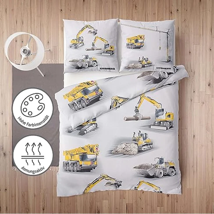 Bagger Bettwäsche 135x200 2teilig - Kinderbettwäsche 135x200 Jungen mit Baustellenmotiven - LIEBHERR Biber Bettwäsche Baumwolle für Jungs – Bild 3