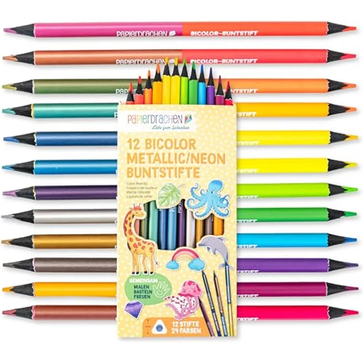 Papierdrachen 12 Bicolor Buntstifte Set, 24 satte Farben, Holz, dreieckig, bruchsicher, ideal für Schule und Kindergarten – Bild 1