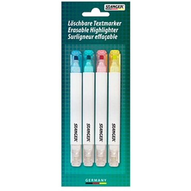 STANGER Metallic Textmarker, 4er Set in Blau, Grün, Pink und Gelb, radierbar mit Keilspitze