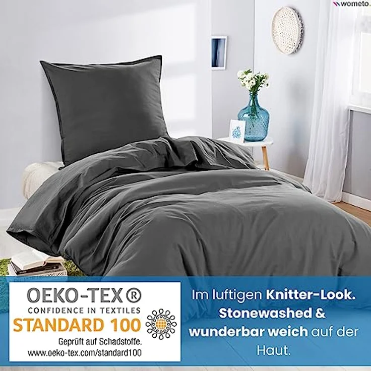 wometo Bettwäsche Renforce Stone-Washed 155x220 & 80x80 100% Baumwolle - dunkelgrau OekoTex weich modern Used-Look Leinen-Optik – Bild 3